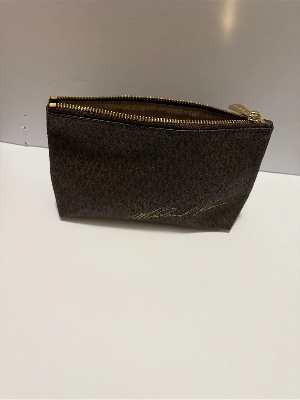 Michael Kors Brown Logo-Print Cosmetic Pouch with Gold Hardware